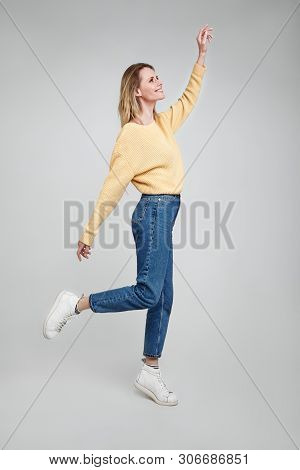 Full Length Body Size View Photo Of Cute Pretty Girl Millennial Having Walk Fooling Isolated Feeling