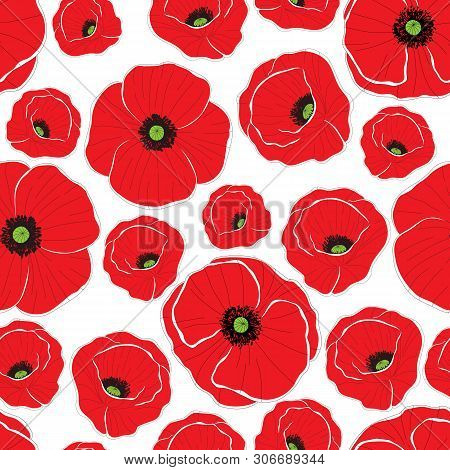 Red Poppy Flowers. Seamless Background Pattern. Can Be Used For Textile, Wallpapers, Prints, Bedclot