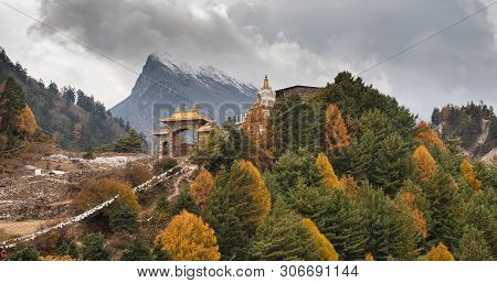 Gompa Above The Lho Village. On Manaslu Circuit With Around Mount Manaslu 8 156 Meters. Himalayas, S