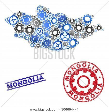 Mechanics Vector Mongolia Map Composition And Seals. Abstract Mongolia Map Is Composed From Gradient