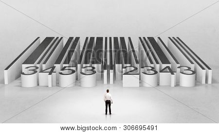 Young businessman standing in front of a big codebar