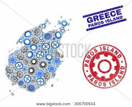 Cog Vector Paros Island Map Mosaic And Seals. Abstract Paros Island Map Is Formed From Gradient Scat