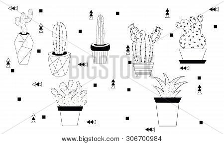 Set Of Black Outline Cactuses Contour Drawing Isolated On A White Background