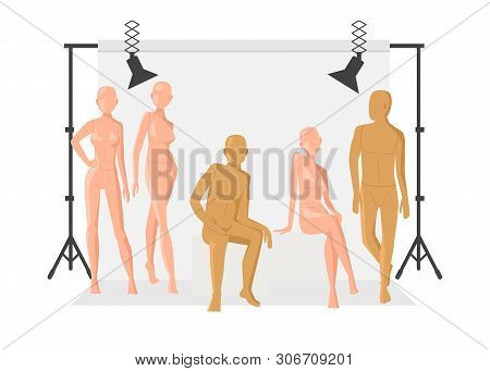 Vector Creative Character Design People Posing While Photographer Taking Photos. Photo Light Equipme