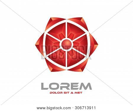 High Tech Abstract Icon - 3d Vector Red Flower Logo