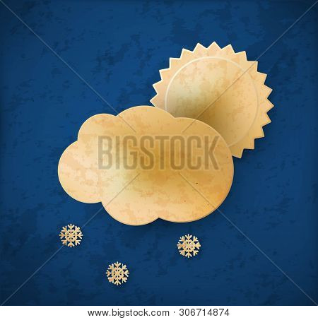Vintage Weather Icon. Snowy Cloud Sky With Sun.