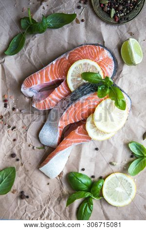 Clipping Path Fresh Salmon Steak On Wooden Background. Salmon Red Fish Steak. Large Pile Of Salmon S
