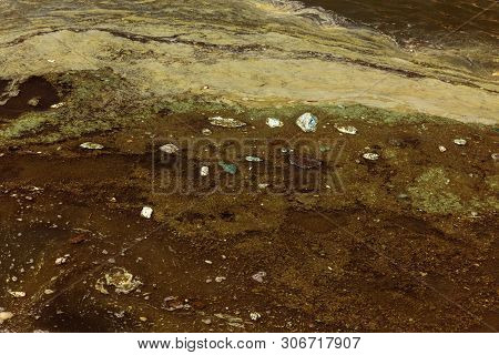 Dirty Wave With Old Dirty Algae. Dirty Seaweed Sea Surf Lines In Seaport. Dirty Sea, Environmental P