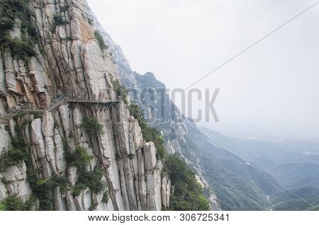 The Sanhuang Plank Way Secured To The Cliff Side On Mount Song In Henan Province China.