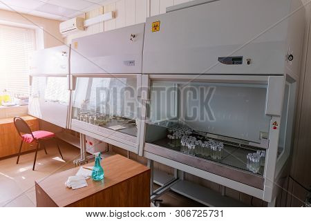 Laminar Box With Test Tubes In Genetic Laboratory.