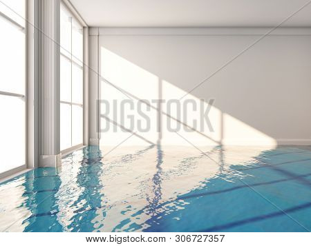 Swimming pool in modern interior room, 3D illustration, rendering.