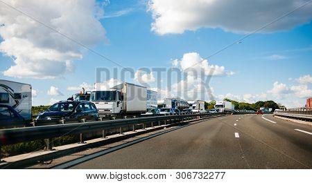Paris, France - May 14, 2014: Driver Pov Point Of View Personal Perspective At The Traffic Jam On Th
