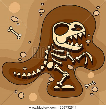 Archeology. Dinosaur Skeleton In Ground. Excavations Of Dinosaur Bones. Archaeological Tools. Vector