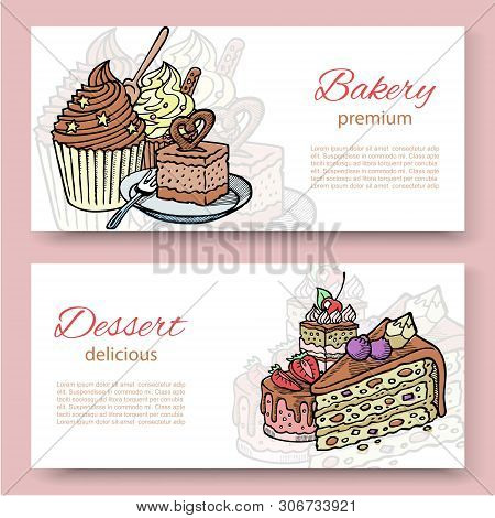 Coffee Shop Or Bakery House Visit Cards Set With Baked Cake, Cupcake, Topper And Lettering Text. Vec