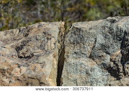 Close Up Of The Cleft In Volcanic Rock And Blurred Green Pine Trees And Plants In The Bfckground. Te