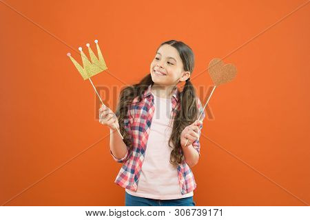 Going To Her School Prom. Cute Small Girl Going To Prom Night On Orange Background. Adorable Little 