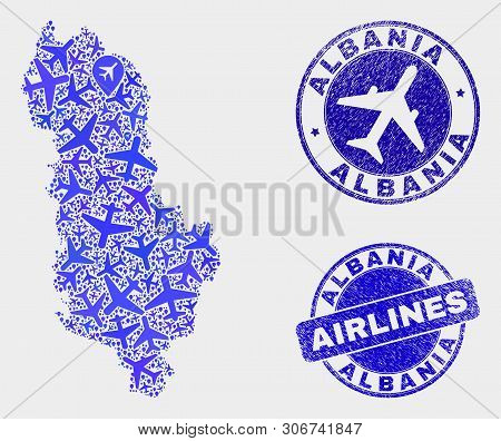 Aircraft Vector Albania Map Mosaic And Scratched Seals. Abstract Albania Map Is Formed Of Blue Flat 
