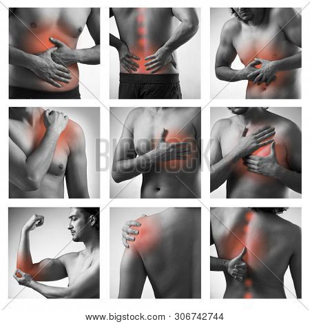 Collage of man suffering from acute pain