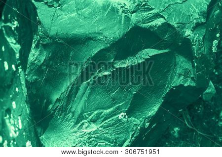 Vintage Green Background. Rough Painted Wall Of Emerald Color. Imperfect Plane Of Virid Colored. Une