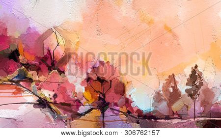 Abstract Oil Painting Landscape. Colorful Blue Purple Sky. Oil Painting Outdoor On Canvas. Semi Abst
