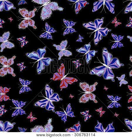 Beautiful Colorful Butterfly On Black, Violet And Blue Background. Illustration Of Butterfly. Tropic