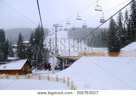 Cable Car On A Lift In Amazing Cedar Forests In Beautiful Winter Snow