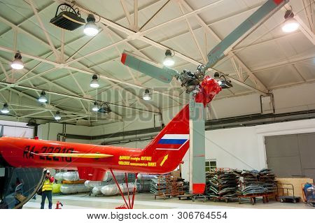 Tyumen, Russia - June 5, 2019: Aircraft Repair Helicopter Utair Engineering Plant. Mi-8 Helicopter D