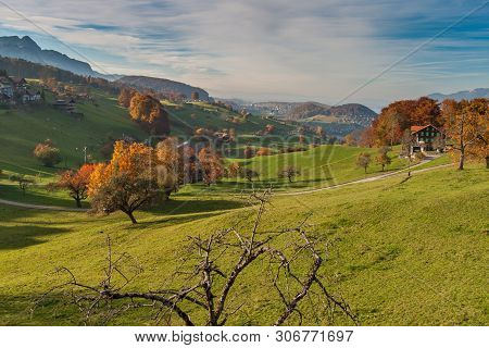 Amazing Autumn Panorama In Switzerland Apls Near Town Of Interlaken, Canton Of Bern
