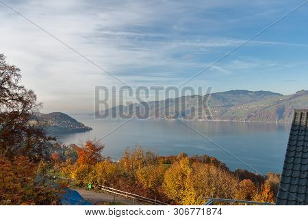 Panoramic View Lake Thun In Switzerland Apls Near Town Of Interlaken, Canton Of Bern