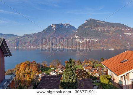 Panoramic View Lake Thun In Switzerland Apls Near Town Of Interlaken, Canton Of Bern
