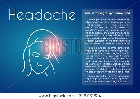 Headache Linear Medical Poster. Vector Abstract Minimal Illustration Of Young Asian Woman With Pink 