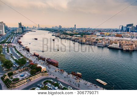 Dubai, United Arab Emirates - June 4, 2019: Dubai Creek And Boardwalk In Deira With The View Of Old 