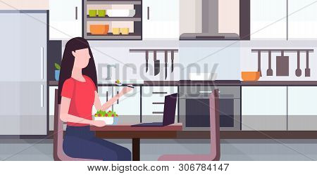 Woman Eating Salad Using Laptop Social Media Network Communication Digital Gadget Addiction Concept 