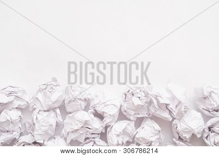 Creative Block. Flat Lay Of Wasted Crumpled Paper Ball Pile On White Surface. Abstract Background. C