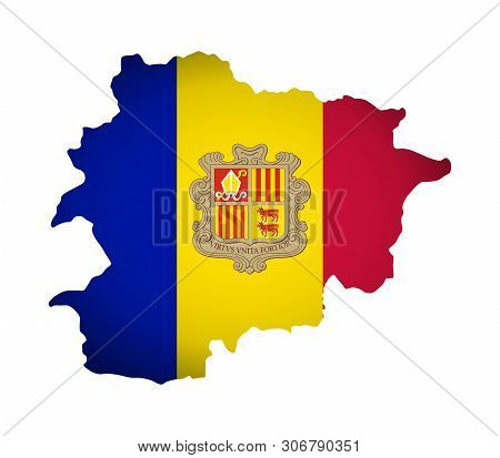 Vector Illustration With Andorra National Flag With Shape Of Principality Of The Valleys Of Andorra 