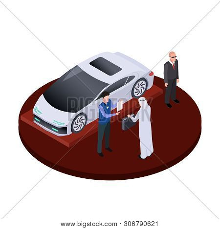 Isometric Arab Man Buys Modern Electric Car Vector Concept. Luxury Auto Salon Illustration. Arabic M