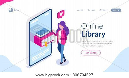 Online Library Concept. Books In Your Phone Or Tablet. Young Girl Love To Read. Can Use For Web Bann