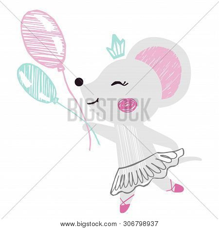 Mouse Baby Girl Cute Print. Sweet Animal Run With Balloon, Ballet Tutu, Pointe Shoes.