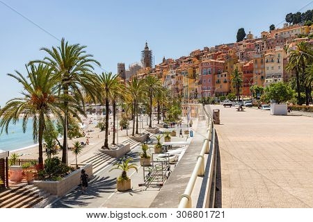 Menton, France - June 05, 2019: Old Town Architecture Of Menton On French Riviera. Provence-alpes-co