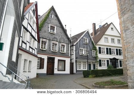 Street View With Historical Timber Frame Houses In Kettwig Old Town, Germany.