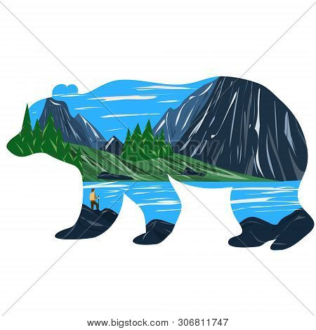 Graphic Illustration. Tourist On The Background Of A Mountain Landscape With A Lake And Forest. Illu