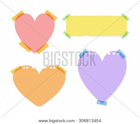 Vector Set Of Heart Shaped Memo Stickers Isolated On White Background, Colorful Notes, Cute Illustra
