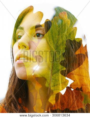 Double exposure close up portrait combined with bright green leaves 