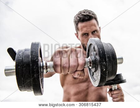 Fitness Health Diet. Athletic Body. Dumbbell Gym. Man Sportsman With Strong Ab Torso. Steroids. Musc