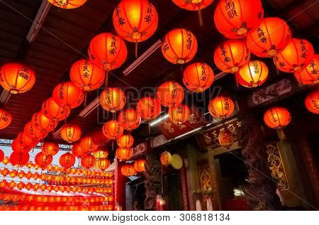 Nantou, Puli, Taiwan - FEB 8th, 2019: red lanterm hang on the traditional temple