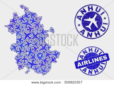 Airlines Vector Anhui Province Map Composition And Grunge Seals. Abstract Anhui Province Map Is Form