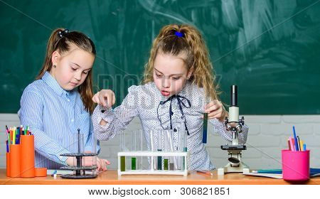 Really Busy. Students Doing Biology Experiments With Microscope. Little Children At Laboratory. Litt