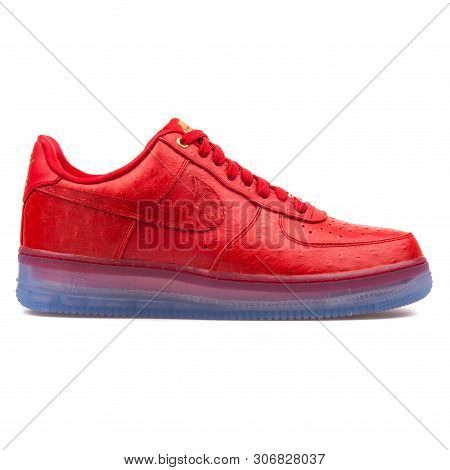 Vienna, Austria - August 10, 2017: Nike Air Force 1 Cmft Lux Low Red Sneaker On White Background.