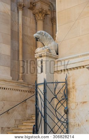 Split, Croatia, Ancient Lions On The Entrance Of The Cathedral On Peristyle Inside Roman Emperor Dio