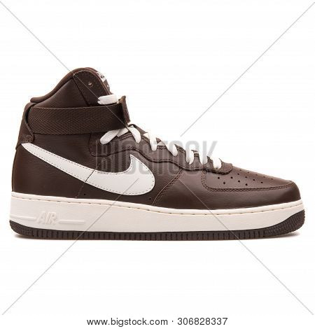 Vienna, Austria - August 10, 2017: Nike Air Force 1 High Retro Qs Chocolate Sneaker On White Backgro